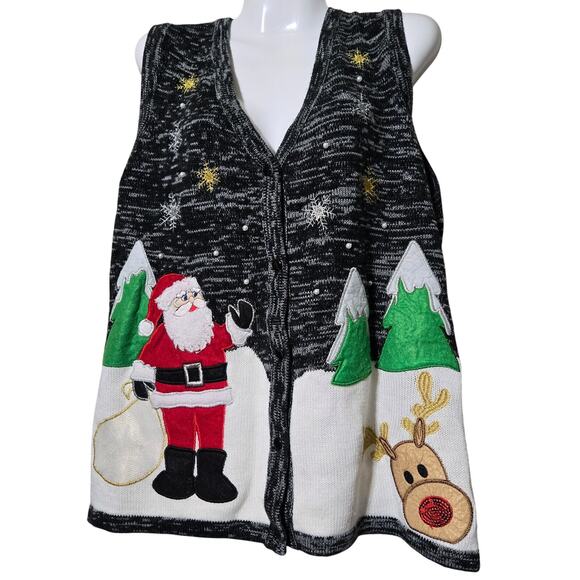 Holiday Time Women's XL Ugly Christmas Sweater Vest Santa Reindeer Trees Snow - Picture 2 of 14